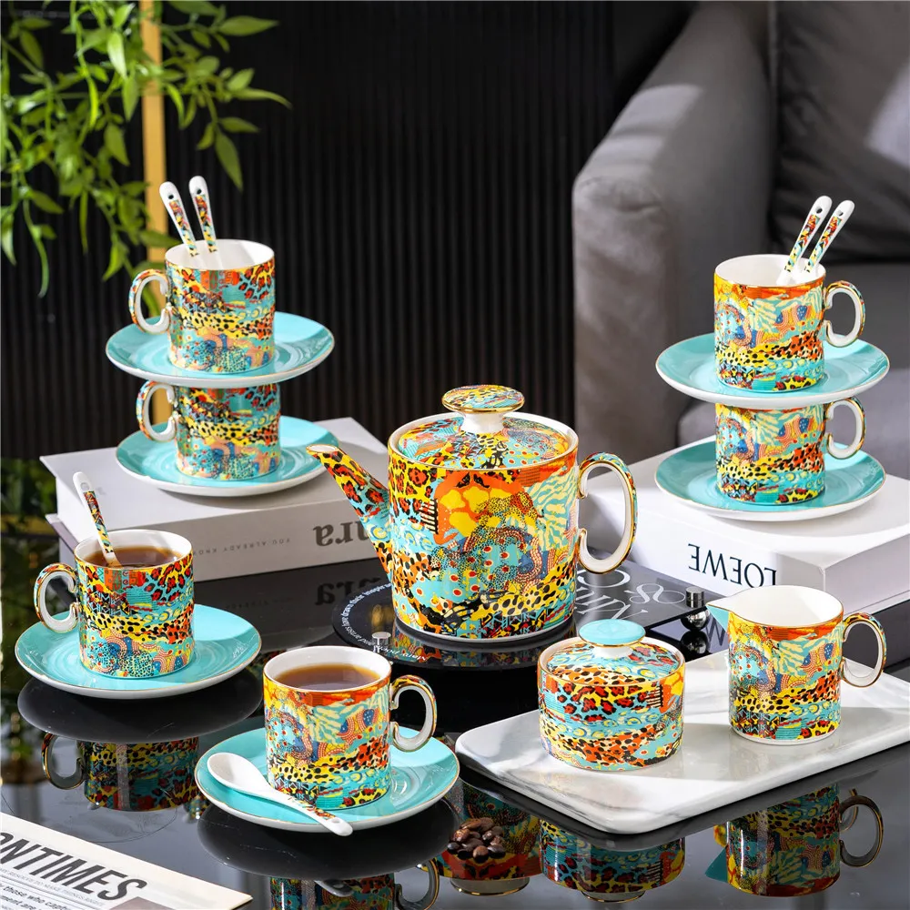 Jungle Shadow Leopard Bone China Coffee Set Porcelain Coffee Pot Sugar Bowl Milk Jug Afternoon Tea Teatime Coffeware Gift