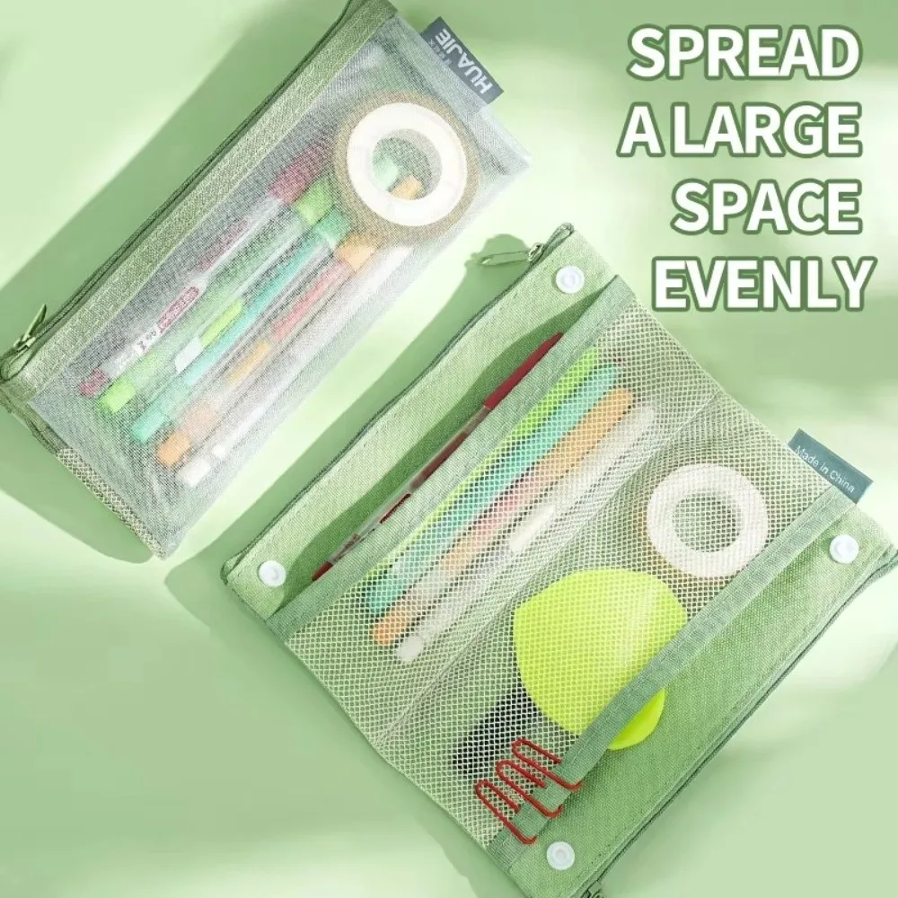 Portable Foldable Mesh Pencil Case Snap Button Large Capacity Pencil Pouch Double Layer Pen Bag Gift