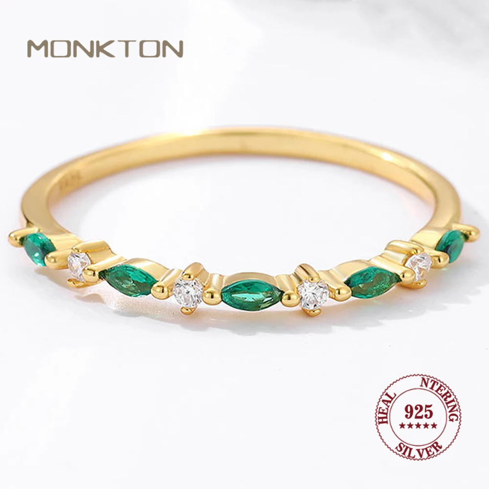 Monkton S925 Srebro Próby Sterling Owalne Pierścionki Zaręczynowe z Szmaragdem dla Kobiet, Obrączka Ślubna z Cyrkoniami na Imprezę, Elegancka Biżuteria