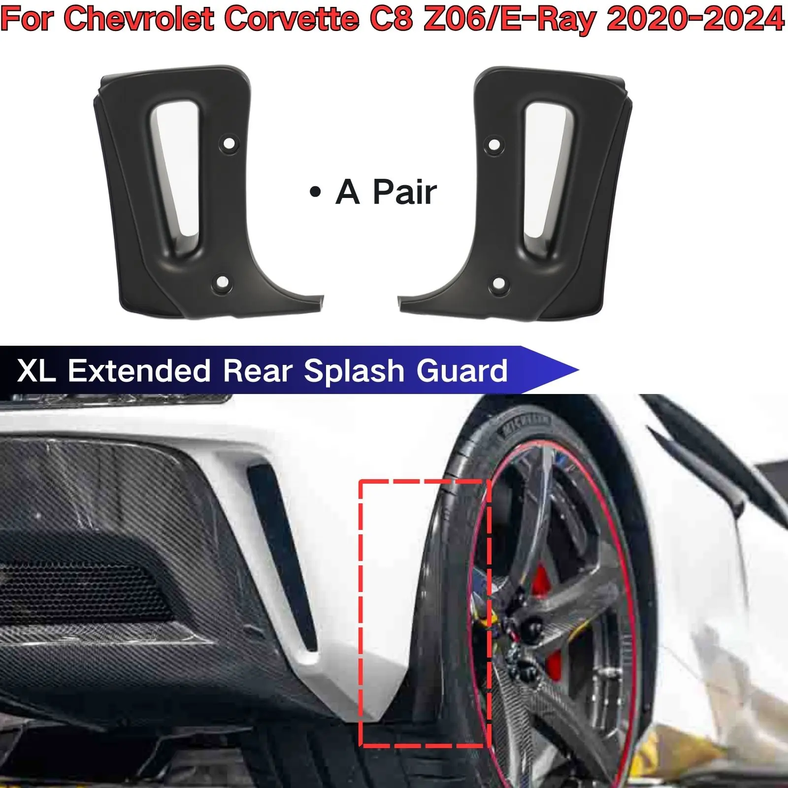 

For Chevrolet Corvette C8 Z06/E-Ray 2020-2024 XL Extended Rear Splash Guard Mud Flaps ABS Plastic Carbon Fiber Print Body Kit