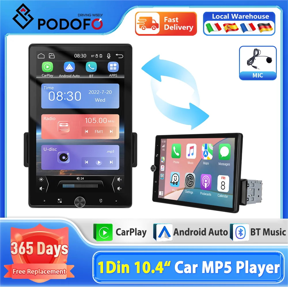 Podofo 10.4 ''MP5 autoradio con schermo rotante manuale lettore multimediale cablato Carplay