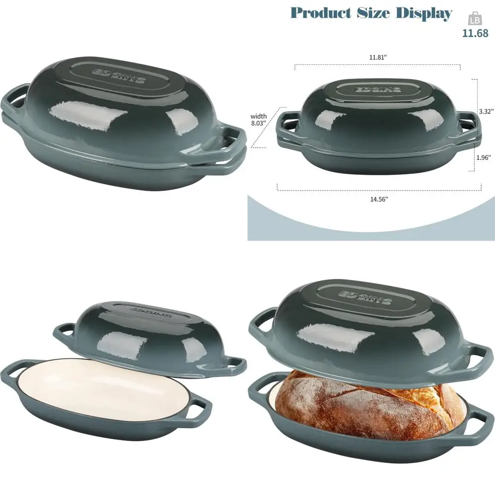 

Oval Enamel Cast Iron Dutch Oven, 5 Quart, Ideal for Sourdough Bread Baking, Slate Blue, Perfect for Baking and Roasting Recipes