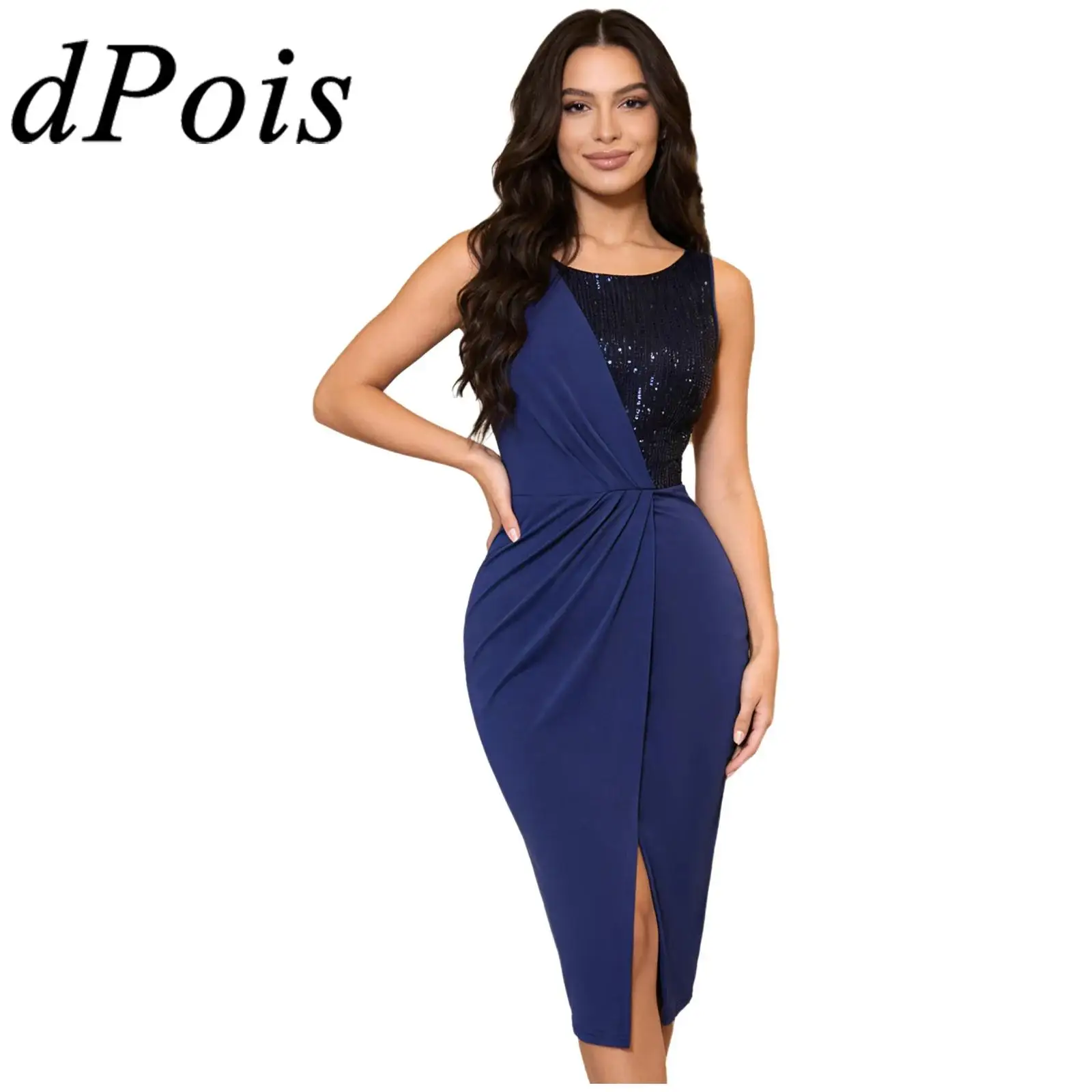 

Womens Elegant Sequins Cocktail Party Dress Wrap Slit Hem Bodycon Dress Formal Occasions Prom Gown Festival Event Vestidos Para
