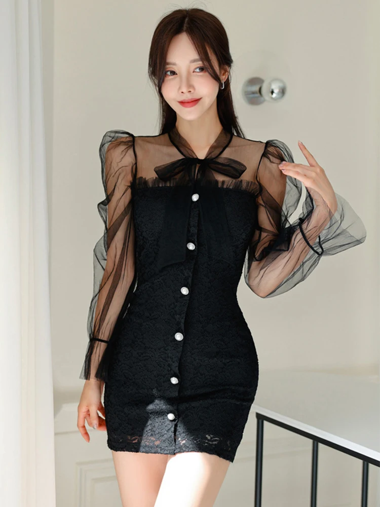 Abito aderente nero sexy Moda donna Elegante vedere attraverso la fasciatura con fiocco in rete Abito corto monopetto in pizzo Abiti da festa Nuovo