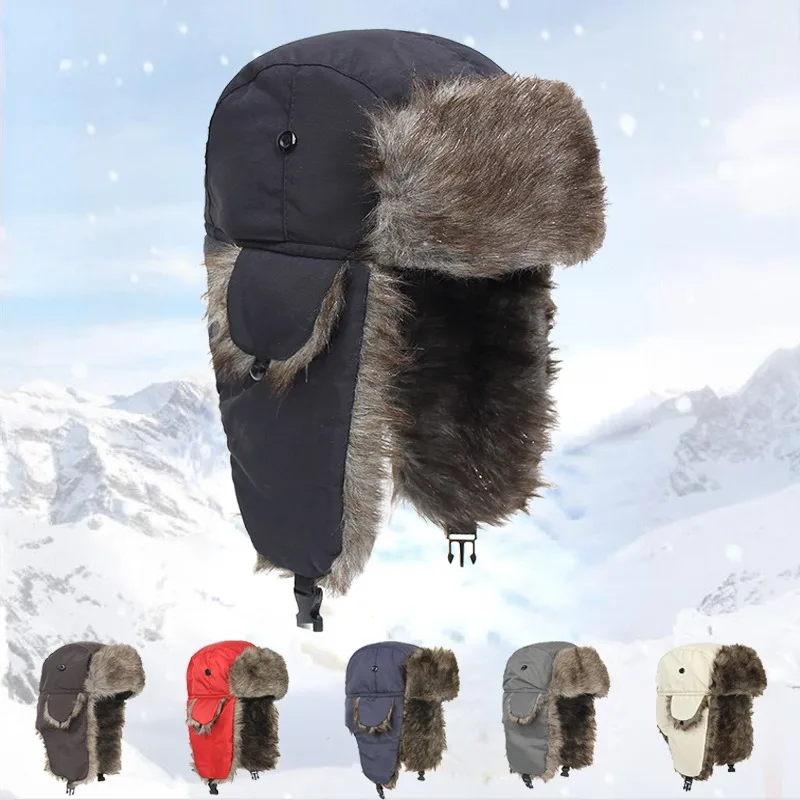 

Men's Winter Trapper Aviator Trooper Earflap Warm Russian Waterproof Ski Hat Bomber Cap Russian Warm Ear Protectors Hats