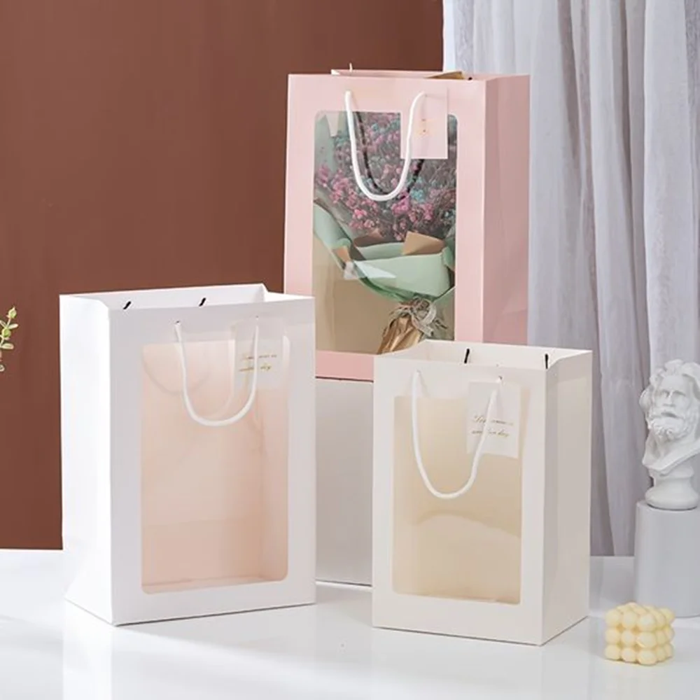 500pcs/Lot Wholesale Custom Logo Printed Gifts Paper Shopping Bags With Handle and Clear PVC Window Jewelry Flower Packaging