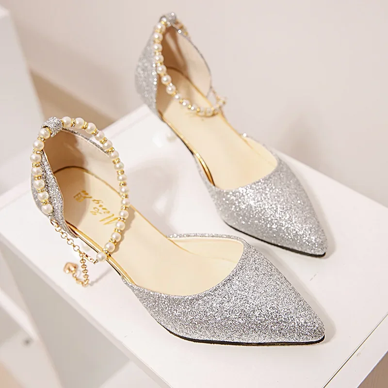 Sexy Pointed Toe Pearl High Heels Shoes Female Fashion Hollow with Sandals Paillette of The Thin Breathable Shoe Women Pumps