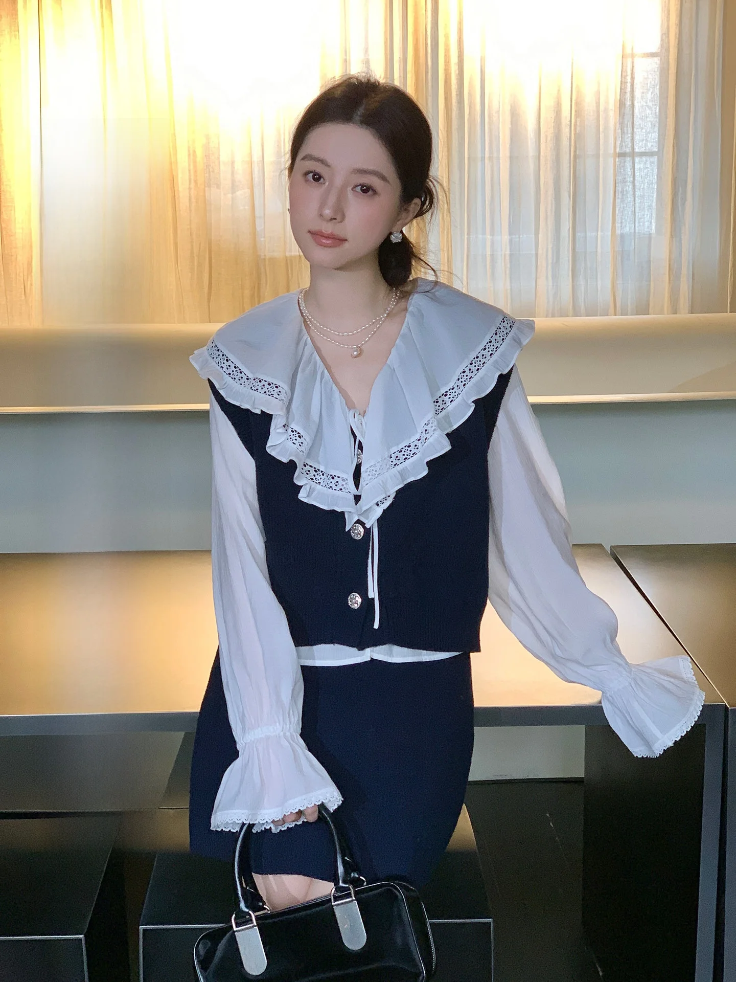 

Aboutpoem Cotton Knitted ort Set V-ne Open Cardigan Svel Top High-waist Straight Skirt Women's Casual Faion Set