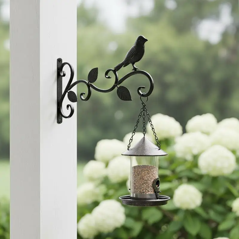 Wrought Iron Hanging Plant Brackets Creative Bird Leaf Ornament Rustproof Heavy Duty for Outdoor Patio Porch Hanging Baskets