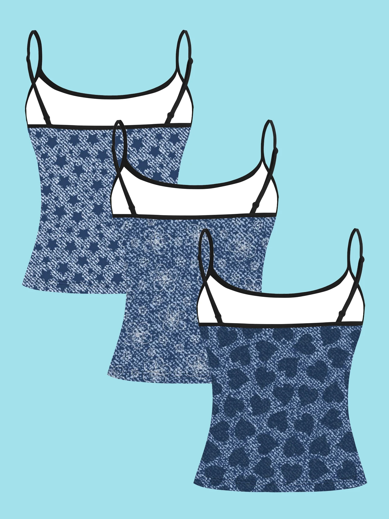 3-Pack Denim Blue Star Flower Heart Print Spaghetti Strap Tank Top, Faux Denim Fabric Slim Fit Sleeveless Top, Casual Versatile Inner and Outer Wear Base Shirt