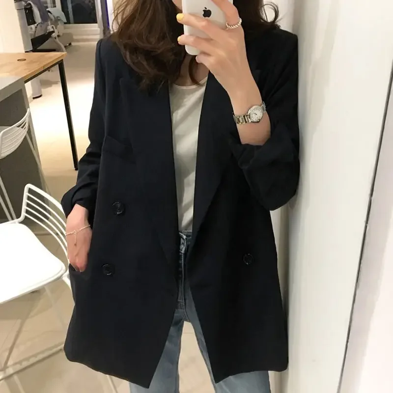 Blazer noir à double boutonnage pour femme, veste décontractée, manteau cranté, vêtements de travail, coréen, automne, hiver, 2023