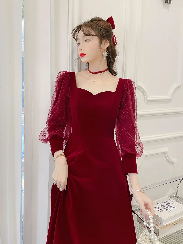 Temperament Burgundy Prom Dress New Elegant Velvet Square Collar Long Sleeve Off Shoulder Ankle-Length Engagement Vestidos