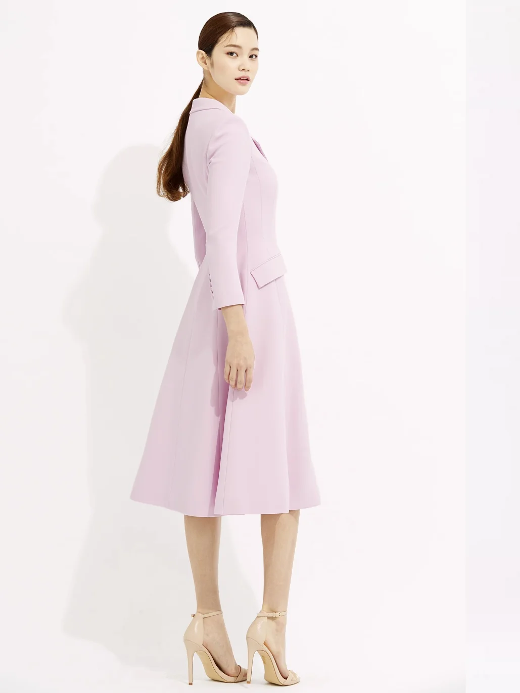 Elegant A-Line Dress Tailored Suit Collar Long Sleeve Slim Fit Midi Dress Single Button Polyester Fiber Spring Autumn Ladies