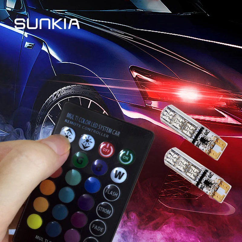 2Pcs/Set 194 168 501 Strobe Lamp 12V T10 W5W Bulbs RGB With Remote Control Reading Lights LED Car Lights
