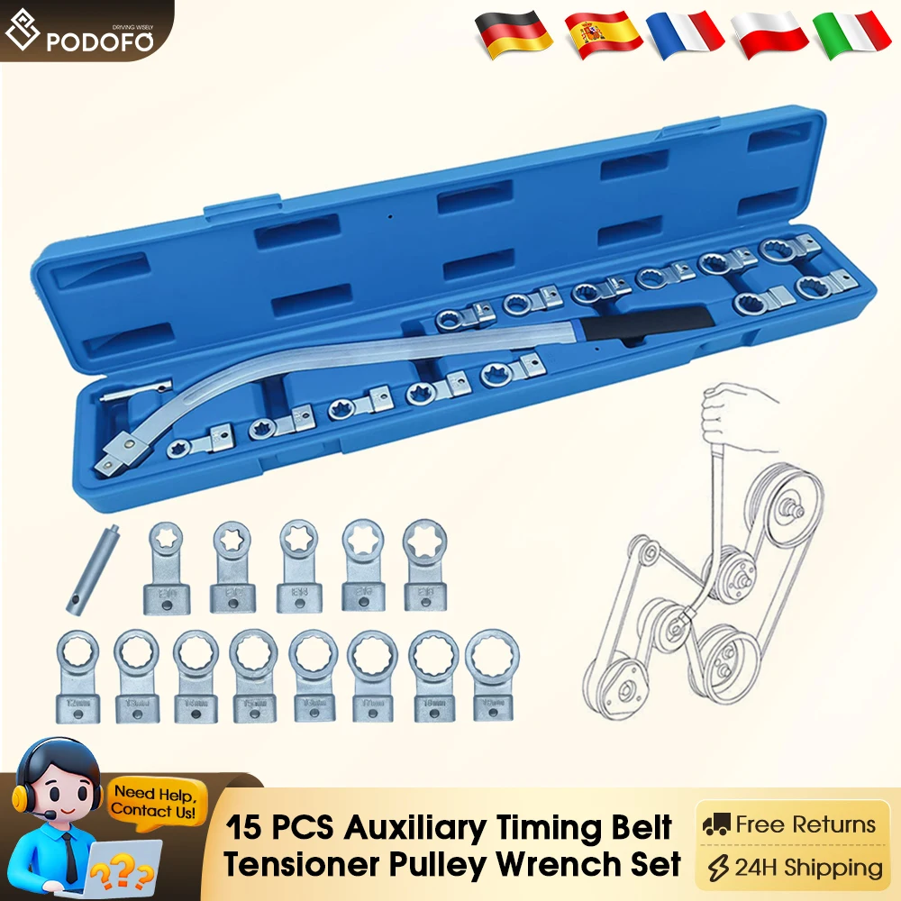 Podofo 15 pièces ensemble de clés de poulie de tendeur de courroie de distribution auxiliaire pour la réparation de voiture avec adaptateurs d'entraînement E10/12/14/16/18