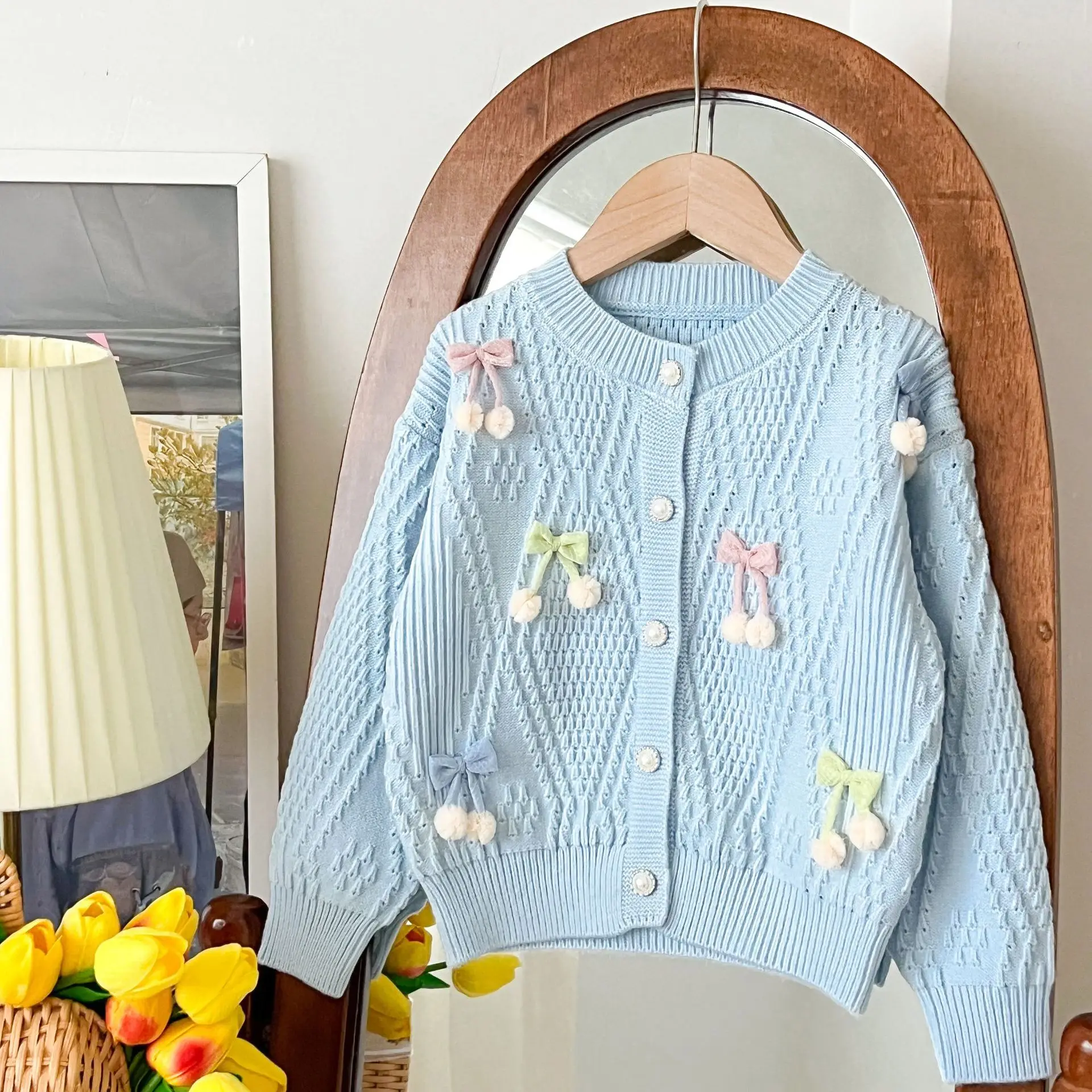 2-6Y Mädchen Süße Herbst Winter Einfarbig Jacquard Bogen Applique Einreiher Strickjacke Für Mädchen Mode Woolen top