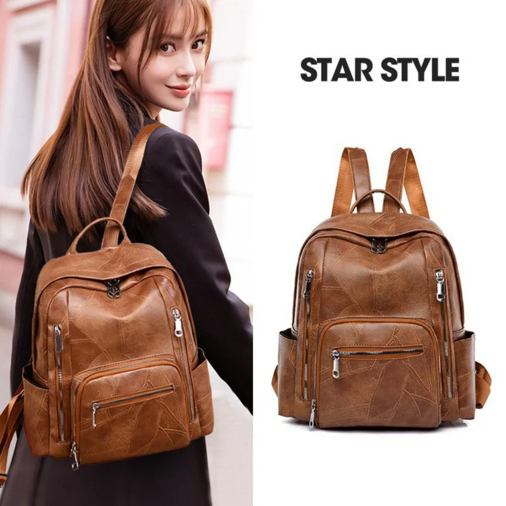 PU leather carrying load reducing student schoolbag large capacity waterproof zipper women's travel backpack
