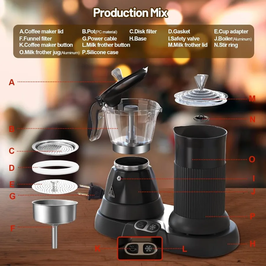 Macchina per caffè espresso elettrica con montalatte 2 in 1 Efficiente caffettiera Moka con struttura in alluminio e OneTouch