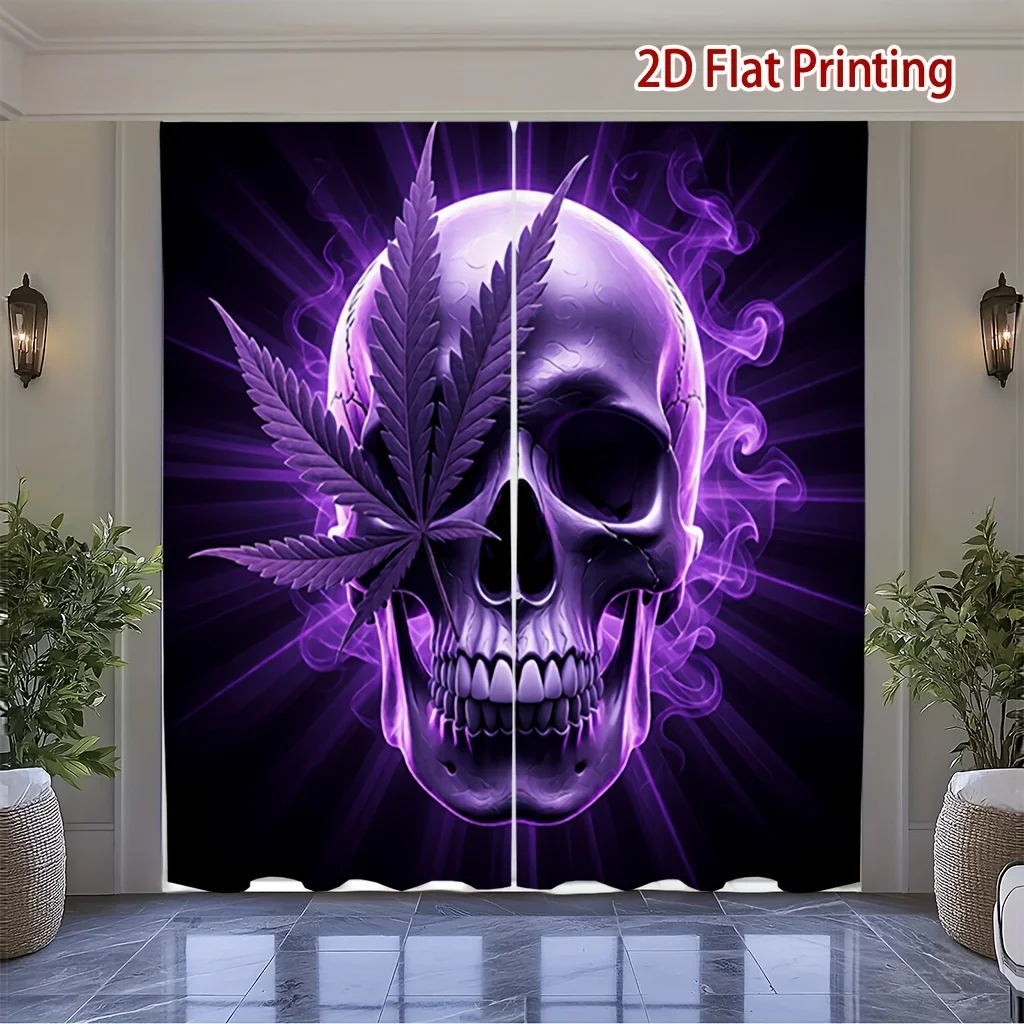 2pcs Skull Curtains Purple Marijuana Leaf Smoke Art Print Drape Gothic Man Cave Bedroom Window Treatment Edgy Cool Home Decor