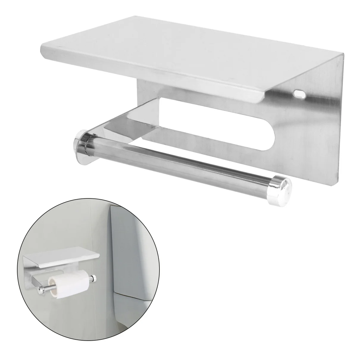 

1Set Wall-Mounted Stainless Steel Toilet Paper Holder Bathroom Roll Paper Rack Organizer with Storage Shelf for Phone and Small