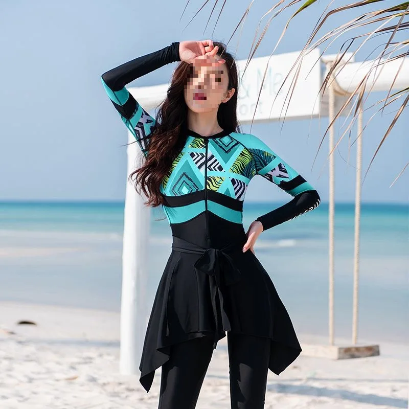 

Wetsuit Women's One-piece Skirt Swimsuit Long Sleeve Long Trunks Anti-glare One-piece Quick-drying Conservative Slimming