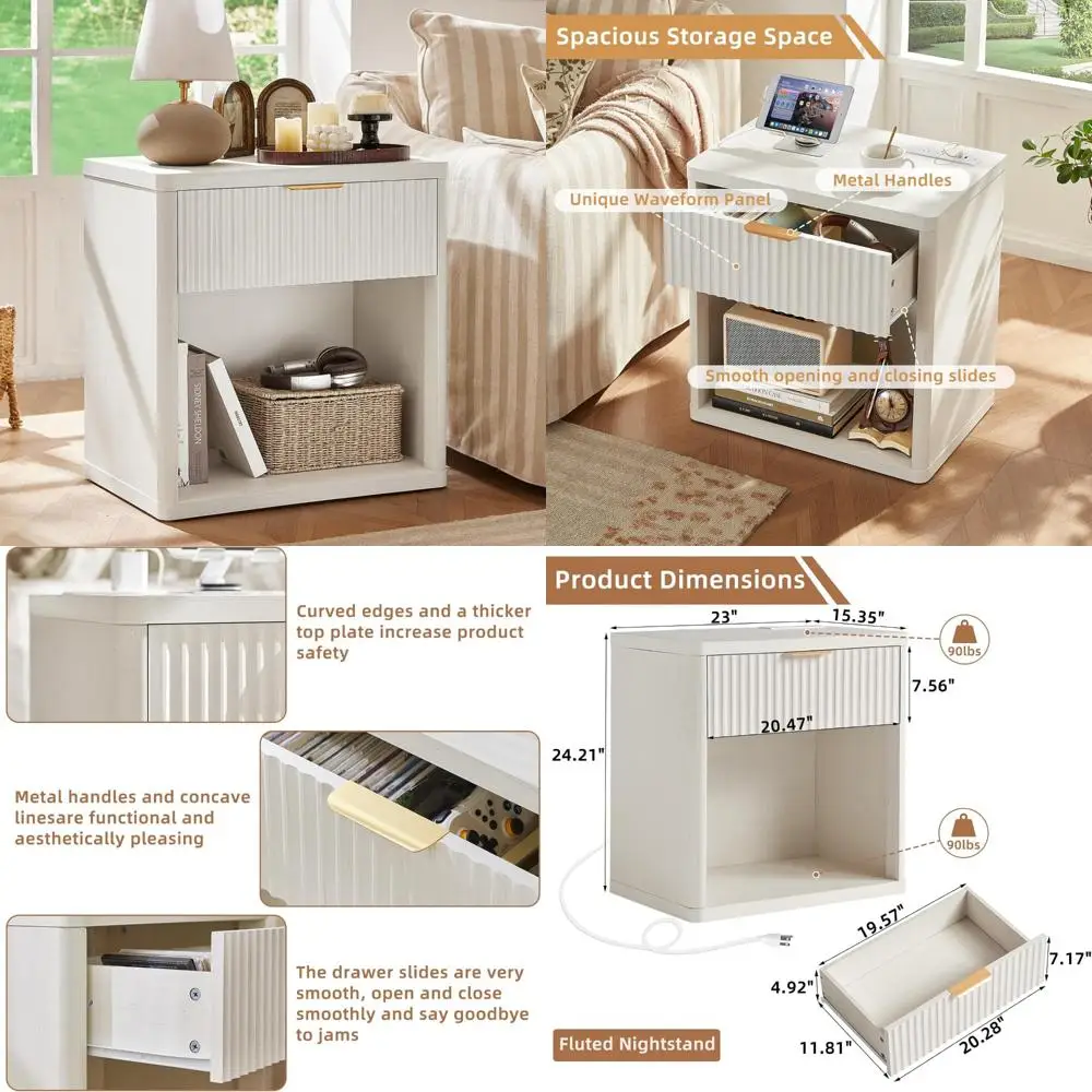 منضدة Leyaoyao المخددة مع محطة شحن، طاولة نهاية ذات درج واحد بعرض 23 بوصة، حامل ليلي أبيض مع خزانة تخزين مفتوحة، مزرعة