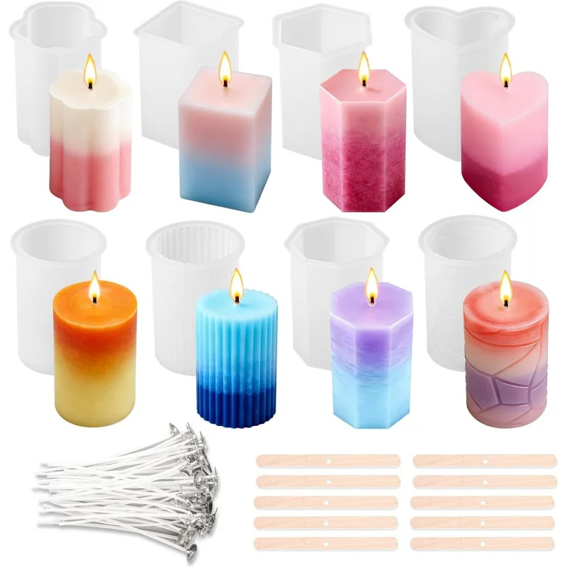 Juego de 8 moldes de silicona para velas, incluye 50 mechas para velas y 10 bandejas de madera para mechas de velas, moldes para velas de varias formas, adecuados para