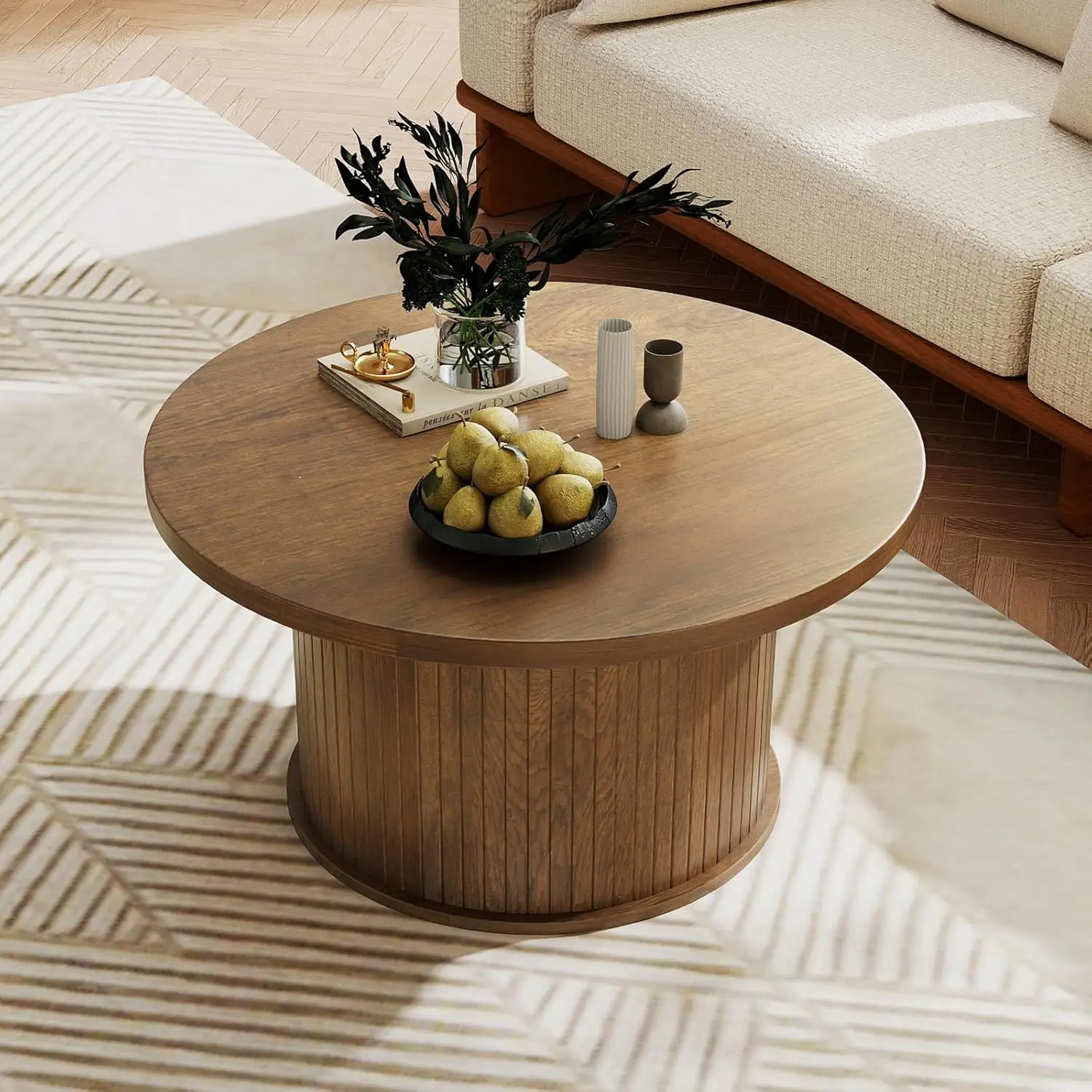 31.5 Inch Fluted Coffee Table, Mid Century Modern Round Coffee Table, Center Table With Sliding Door And Wood Flute