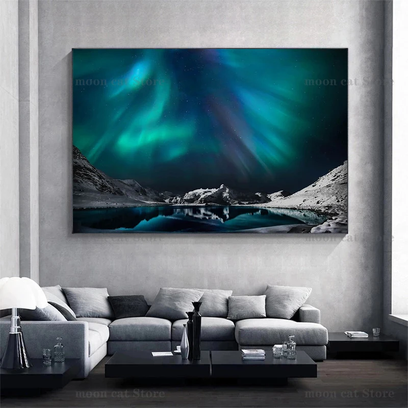 آيسلندا أورورا بورياليس التصوير المشارك قماش اللوحة الشمال القطبية أضواء طبيعة المشهد جدار الفن صور ديكور المنزل #3