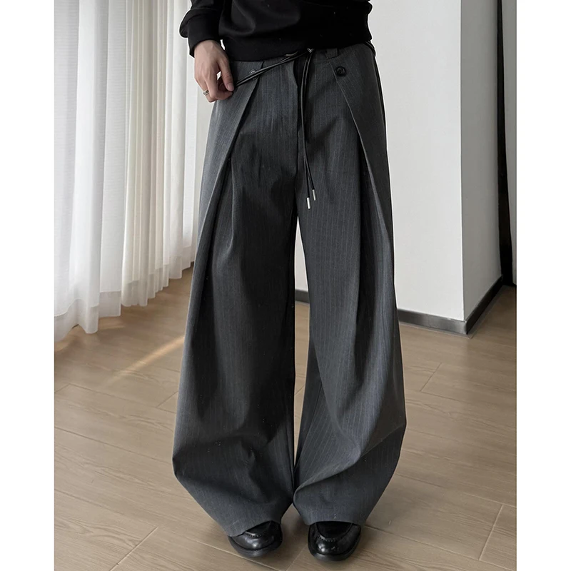 RORIRI ارتفاع الخصر دعوى السترة السراويل للرجال النساء رمادي فضفاض مستقيم العمل بنطلون زر تصميم مطوي قيعان ملابس للجنسين #5