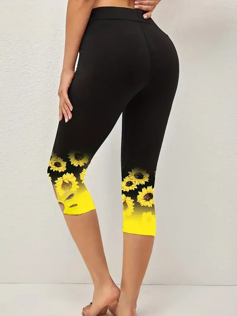 Women’s Plus Size 1XL-8XL Sunflower Print Leggings Fashionable Cut Out Comfortable Finess Capri Curvy Ladies Perfect Casual Wear