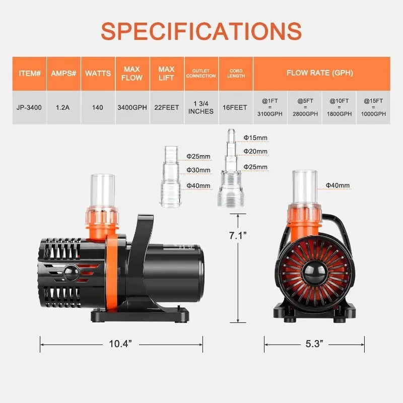 3400GPH Pond pump,Submersible Water Pump,high lift waterfall pump,with barrier bag, used as fountain pump outdoor