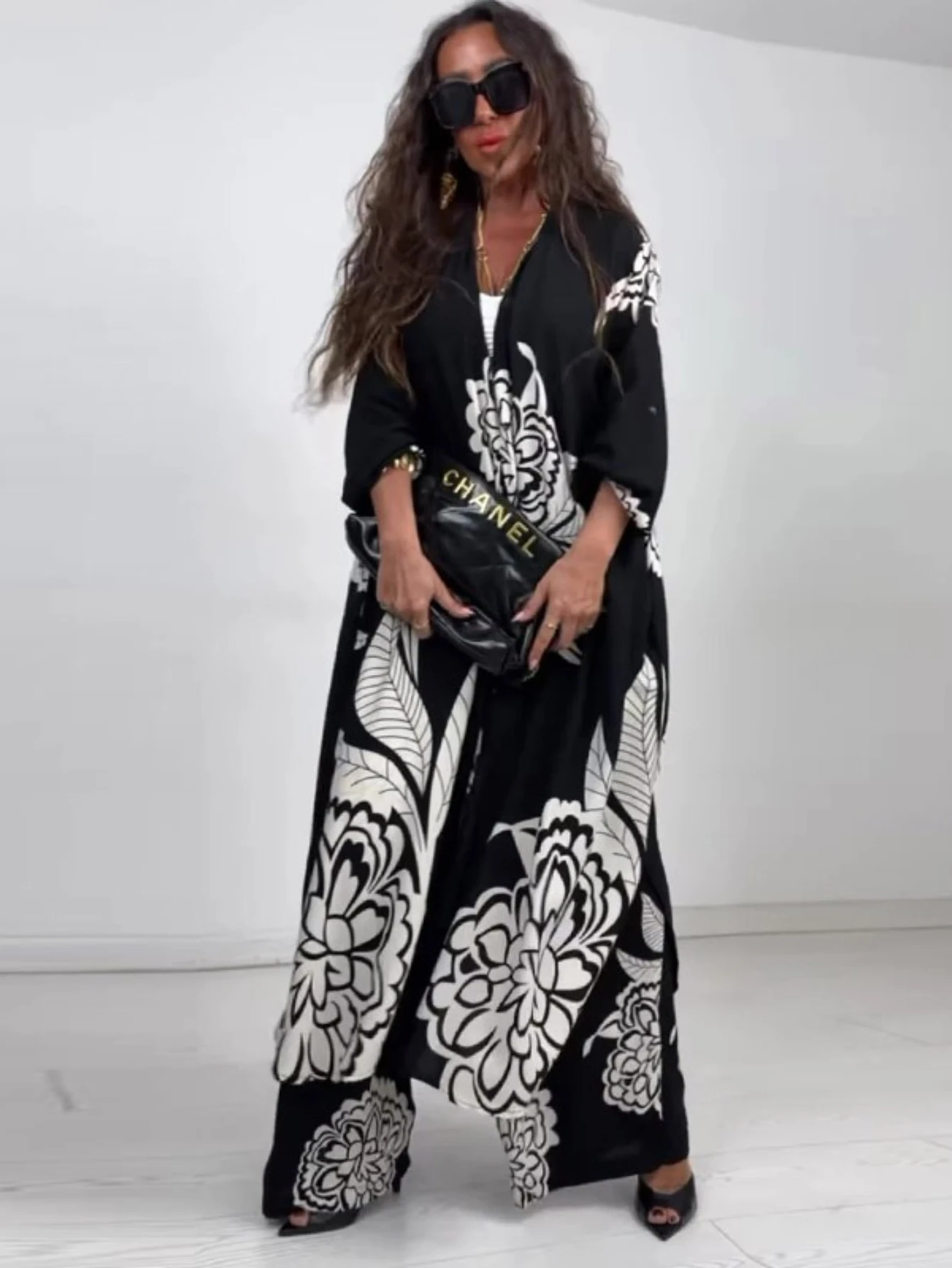 

Eid Print Long Abaya Shirt Muslim Suits Women Print Blouses Wide Leg Pants Set Two Piece Musulman Ensemble Dubai Arabic Ramadan