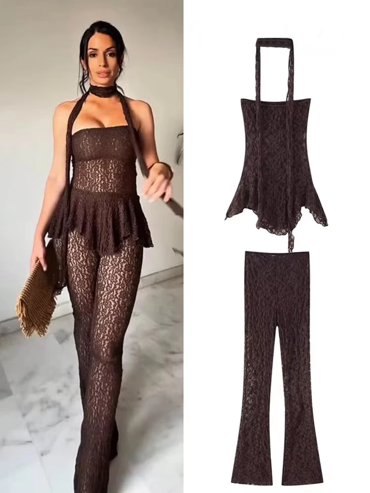 

HH женский новый модный кружевной топ без рукавов с открытой спиной и полым плиссированным дизайном + летние узкие брюки с высокой эластичной резинкой на талии комплект из 2 предметов
