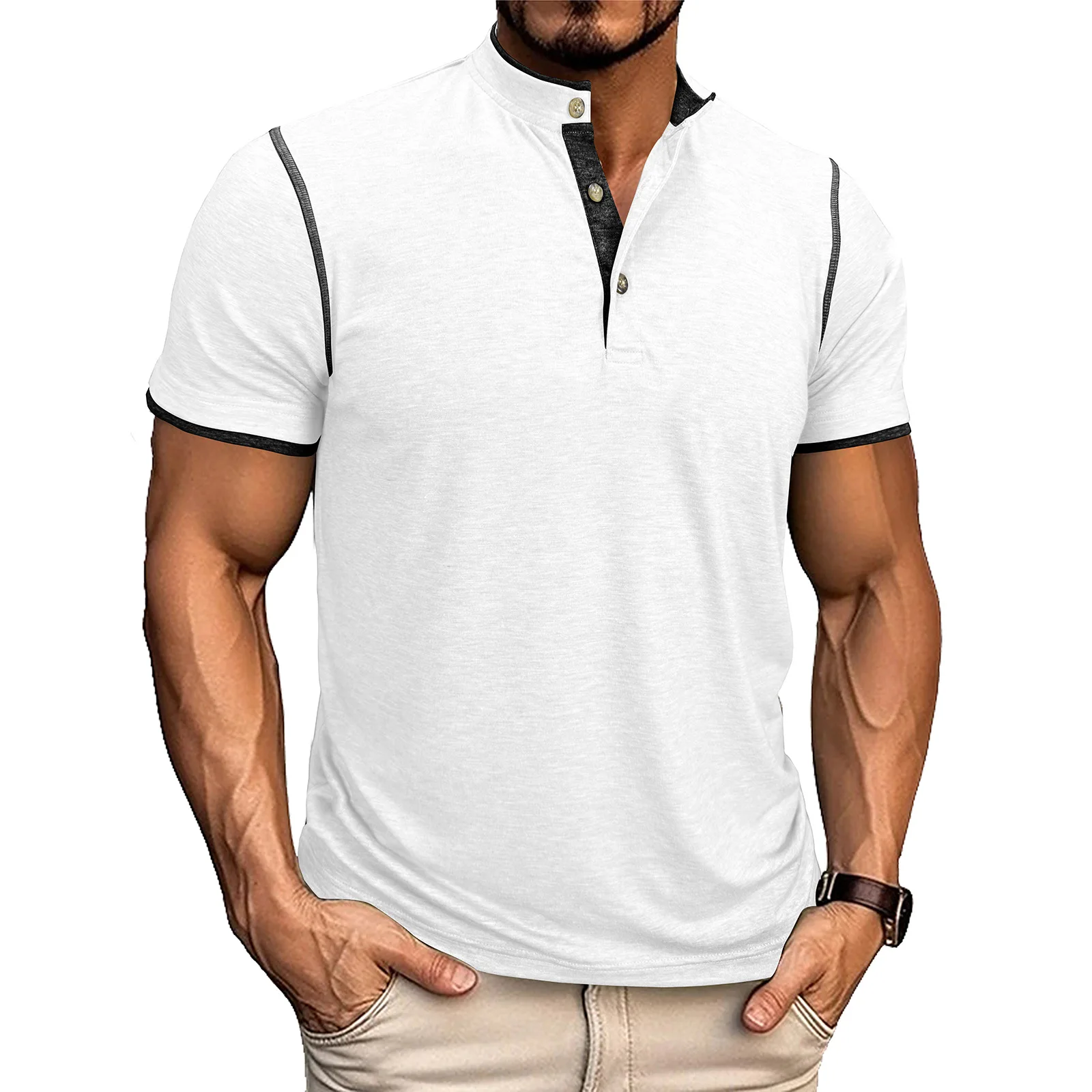 Men's Round Stand Collar Open Top Short Sleeved Double Layered Spliced Top Color Blocked Spliced T-shirt