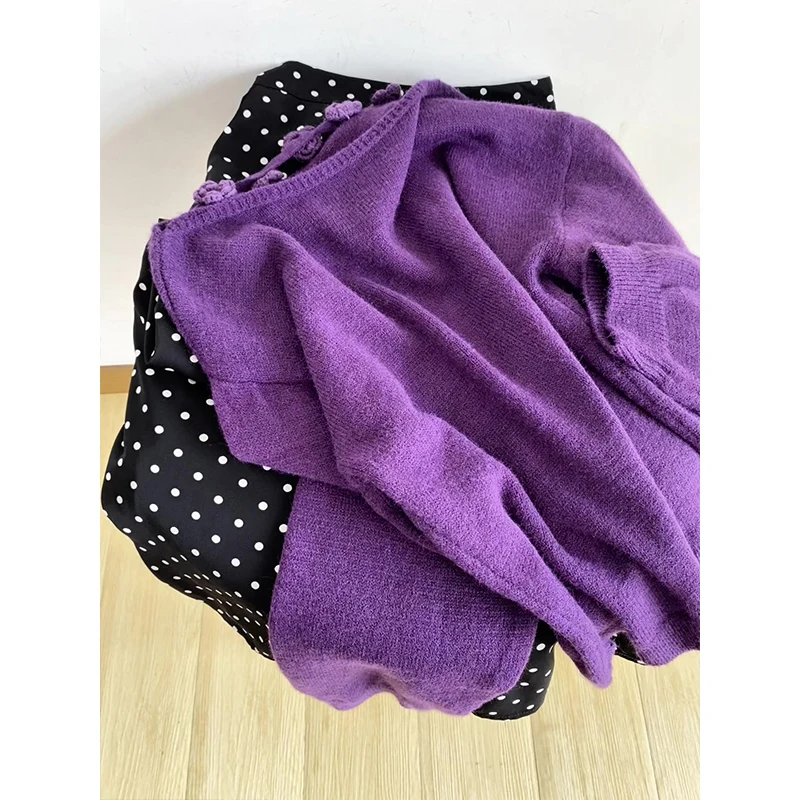 

Retro Loose Long Sve round Ne Knitted Sweater Women's Autumn Winter Comfortable Versatile Top Trendy Korean Design Purple