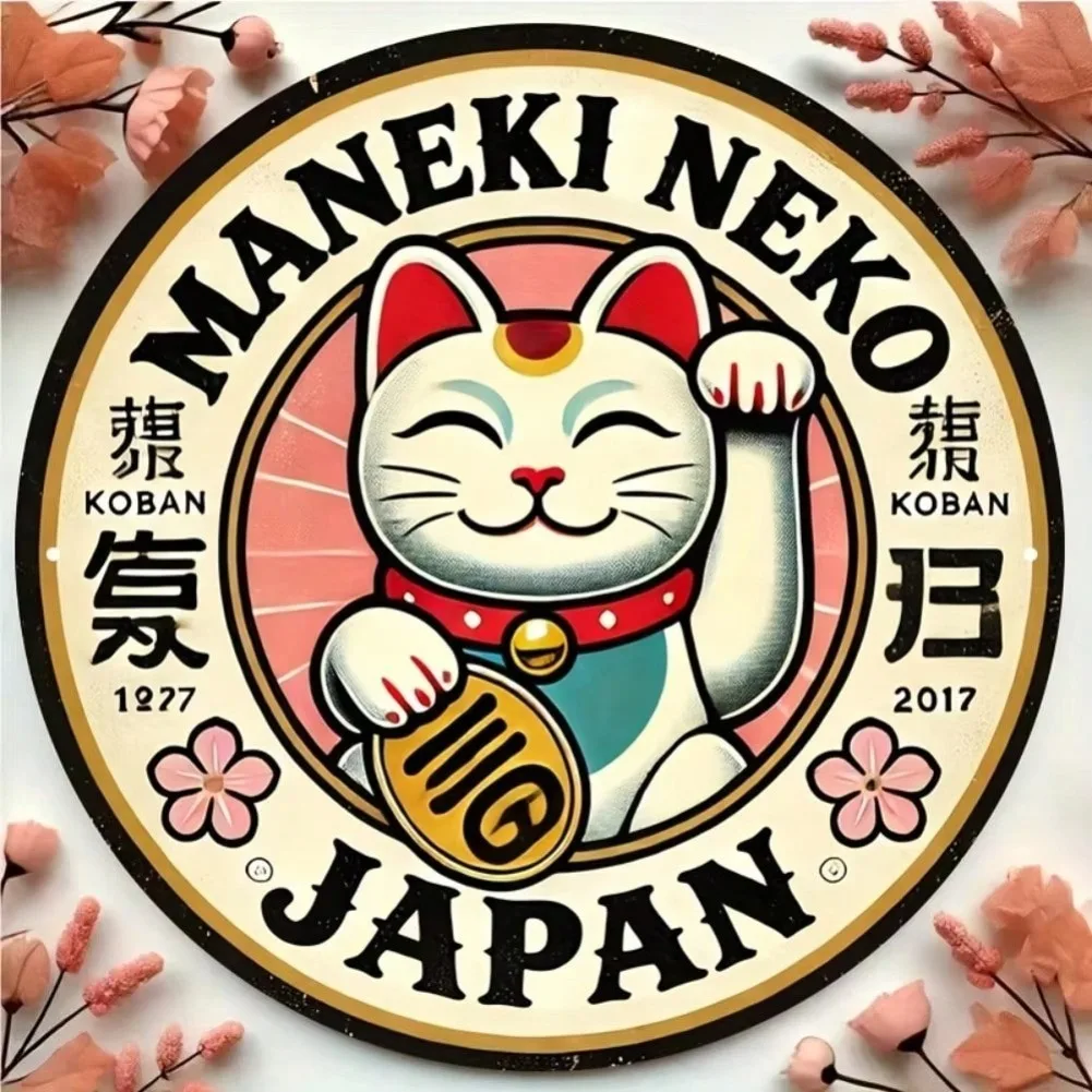Round Maneki Neko Lucky Cat Aluminum Sign - Retro Japanese Charm Art, Ideal for Office/Home view 3