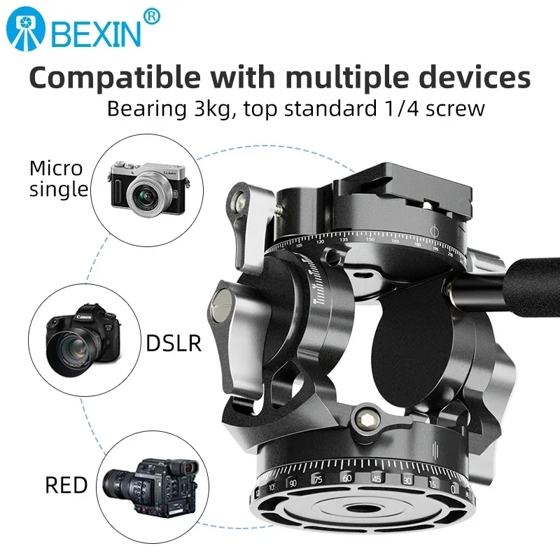 BEXIN New Hollow Video Hydraulic Head -80ยฐ+90ยฐ Double Panoramic Structure CNC Lightweight Compact Fluid Video Head for Tripod