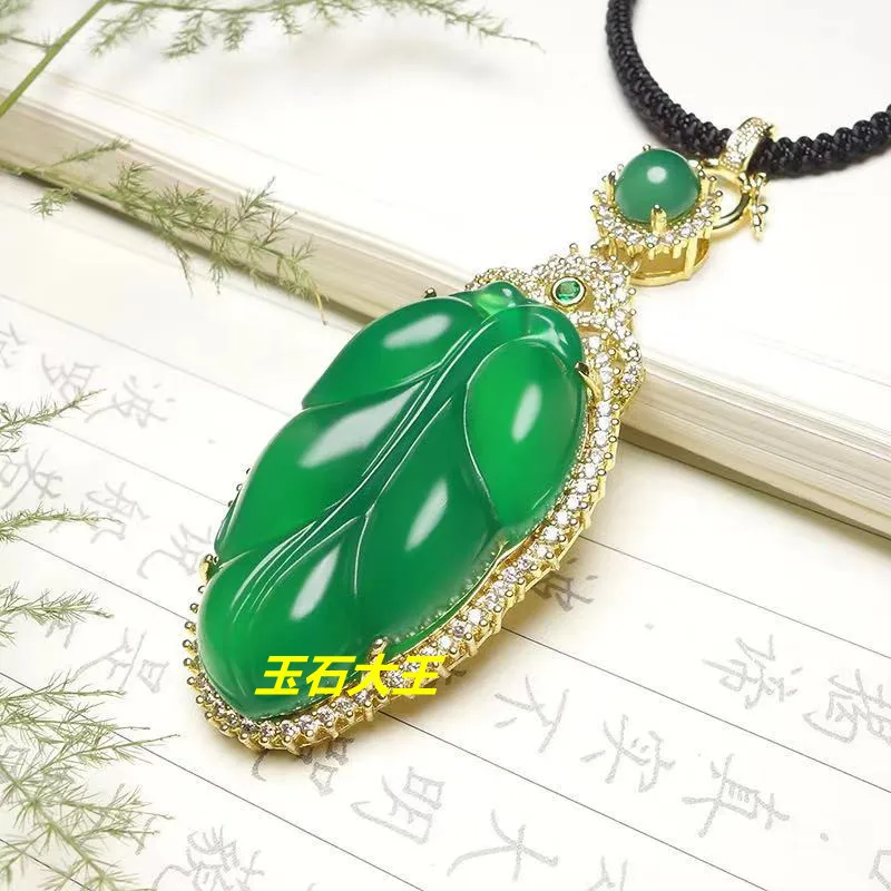 Live Stream Supply High Ice 925 Silver Plated Inlaid Green Chalcedony Leaf Pendant Green Agate Descendants of the Rich Jade Pend