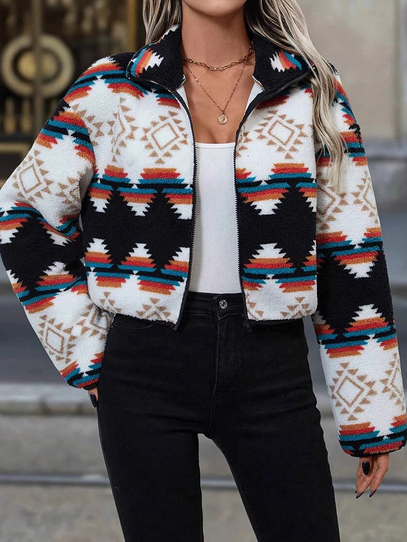 المرأة القطيفة المطبوعة سستة قصيرة أعلى النمط الأوروبي الأمريكي أزياء ملابس خارجية شعبية الملابس العصرية #6