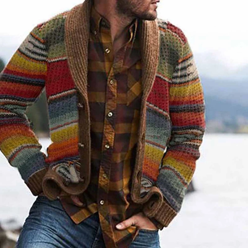 

Winter Rainbow Sweater For Men Warm Knitted Cardigan Coat Lapel Windbreaker Jacket Fashion Clothing