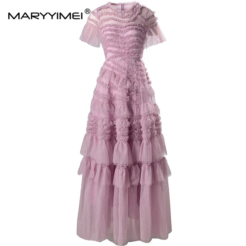 MARYYIMEI Fashion Autumn Women's Ball Gown Dress Mesh Flare Sleeved Edible Tree Fungus Edge Striped Evening Prom S-3XL Dresses