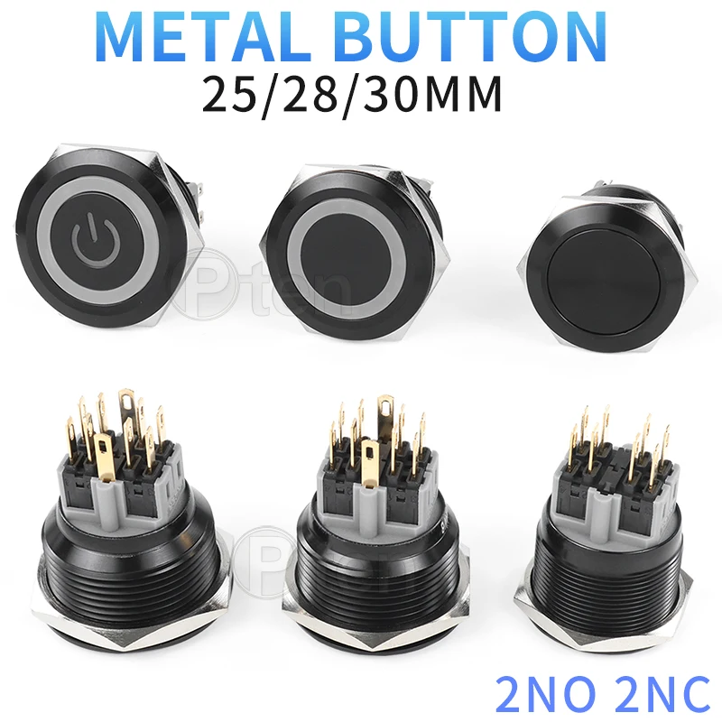 

2NO2NC 25/28/30mm Waterproof Metal Push Button Switch LED Light Momentary Car Engine Power Switch 3/6/12/24/220V Black 1NO1NC