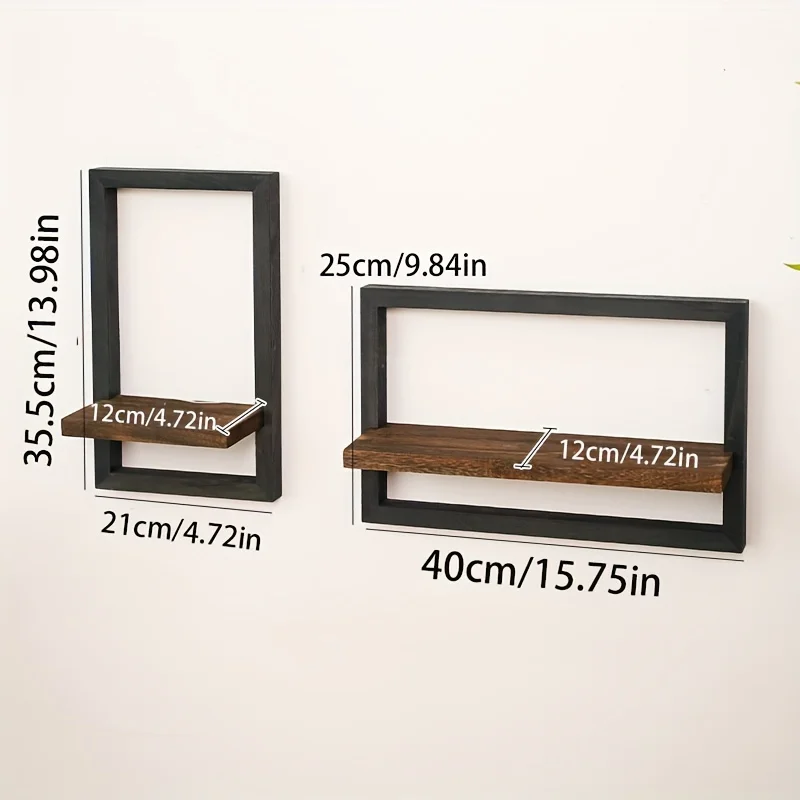 2 Set Retro Wood Wall Shelf，Black and Brown - Country Style Square Display Stand，Suitable for Photos、Candle、Flowers、Album and Po