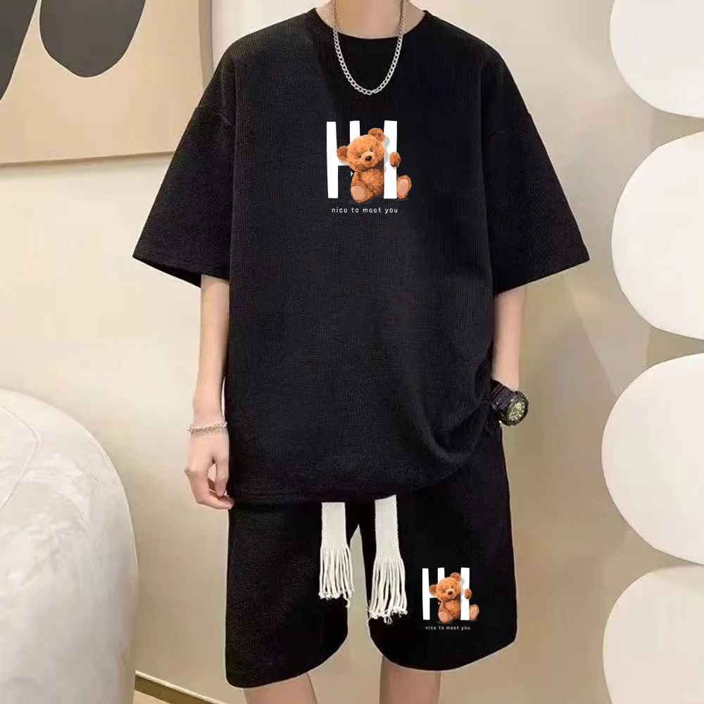 Summer Korean Casual Sportsuit Hoodies Waffle Men Set Loose short sleeve shorts pant 2 Piece Set Fashion Print Outfits Tracksuit