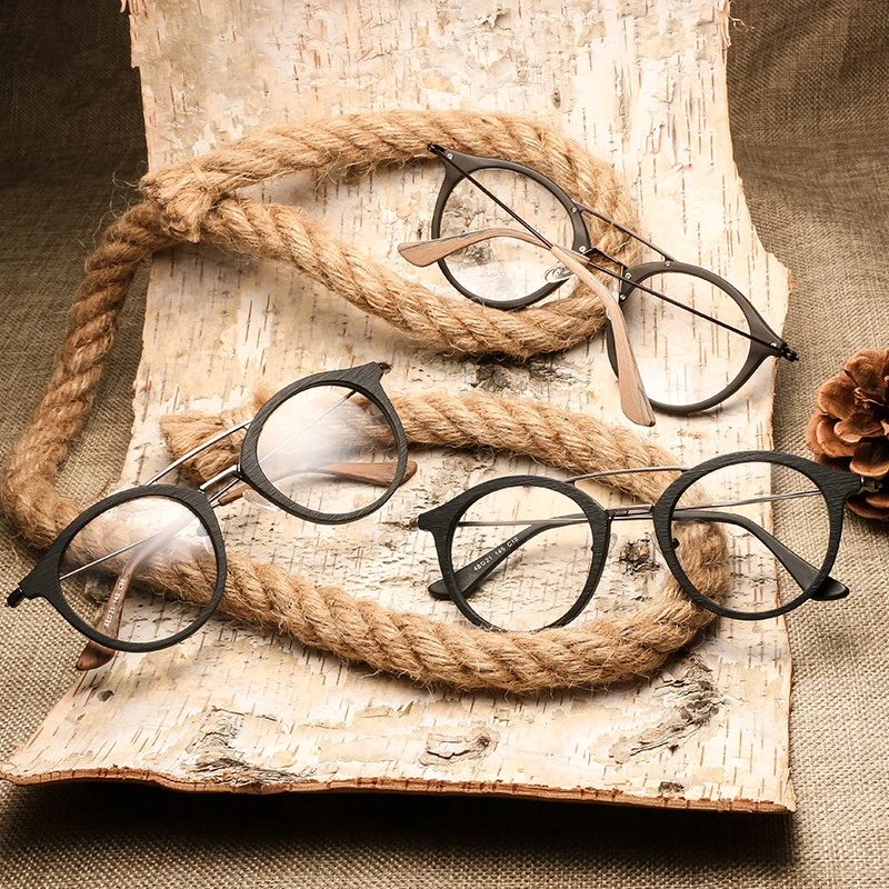 HDCRAFTER round eye glasses frames for women Wood Grain Optical Glasses Frame with clear Lens Men Women Reading Glasses
