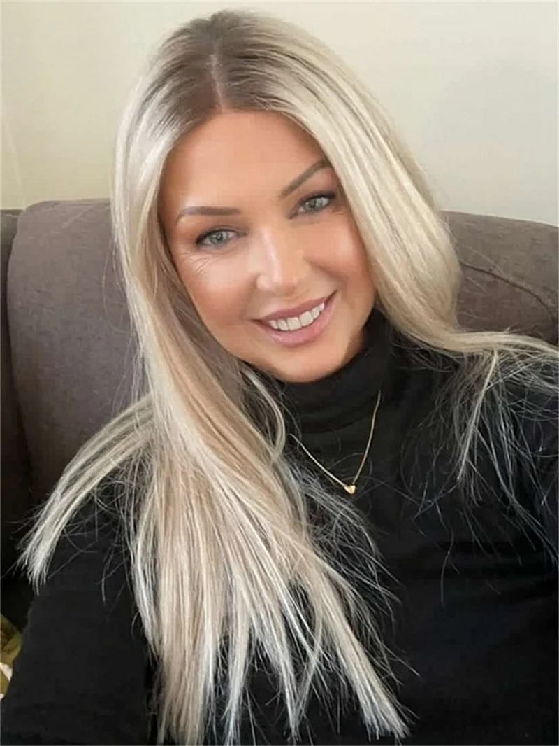 Preplucked Hairline Gentire Wig Premium Quality Ombre Ash Blonde Brunette Roots Synthetic Lace Front Wig Blond Natural Hair Wig