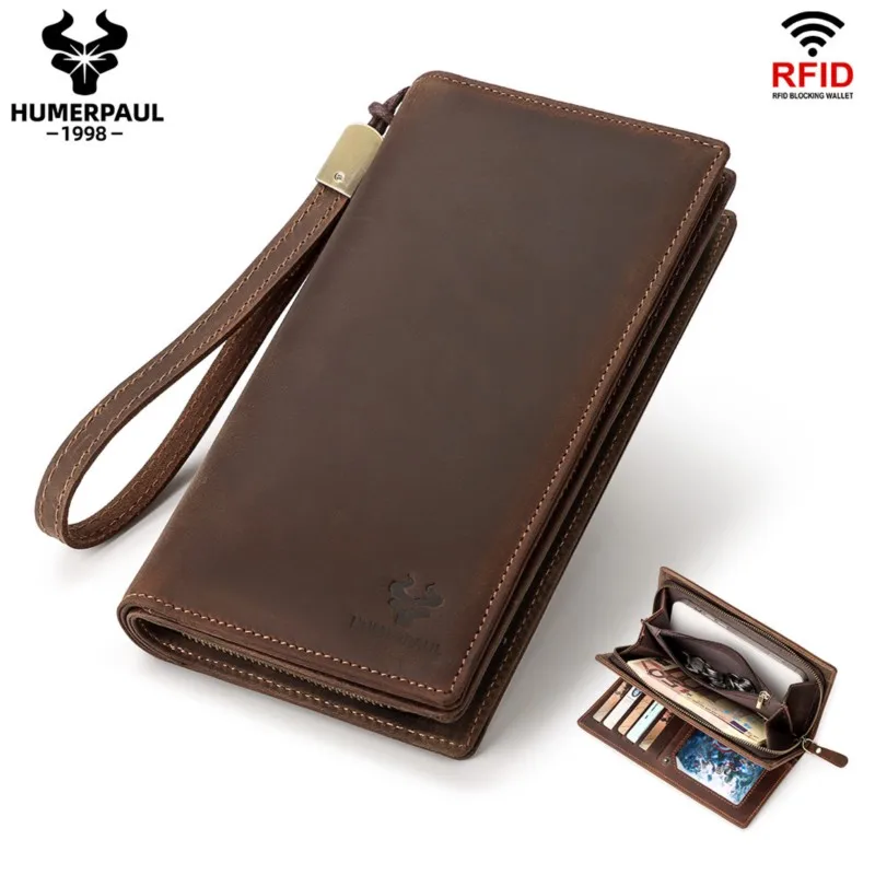 Men's RFID Blocking Large Capacity Long Wallet Genuine Cowhide Drawstring Phone Clutch Bag Multi-Slot Card Holder Cartera Hombre