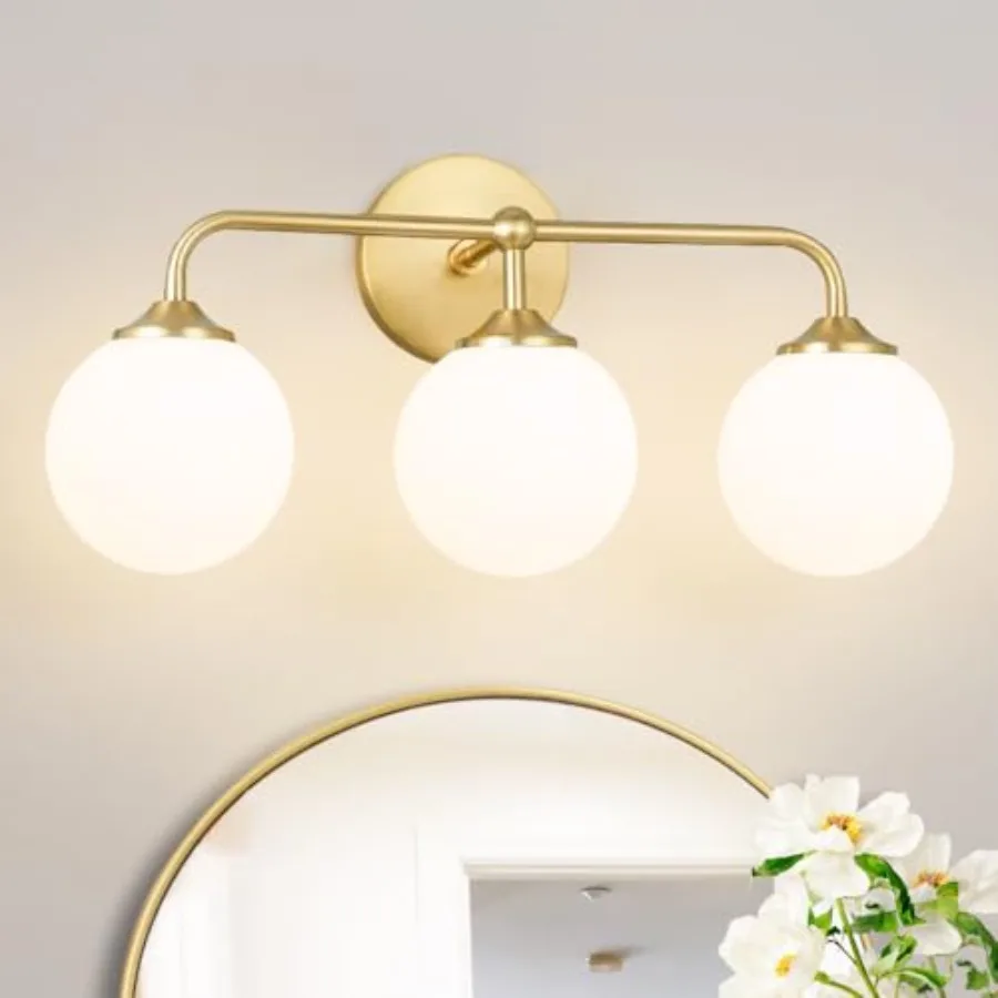 

Modern Brushed s Vanity Fixtures with Milky White Glass Ball Shades, Mid Century Brass Wall Sconce Lighting Fixtures over Mirro
