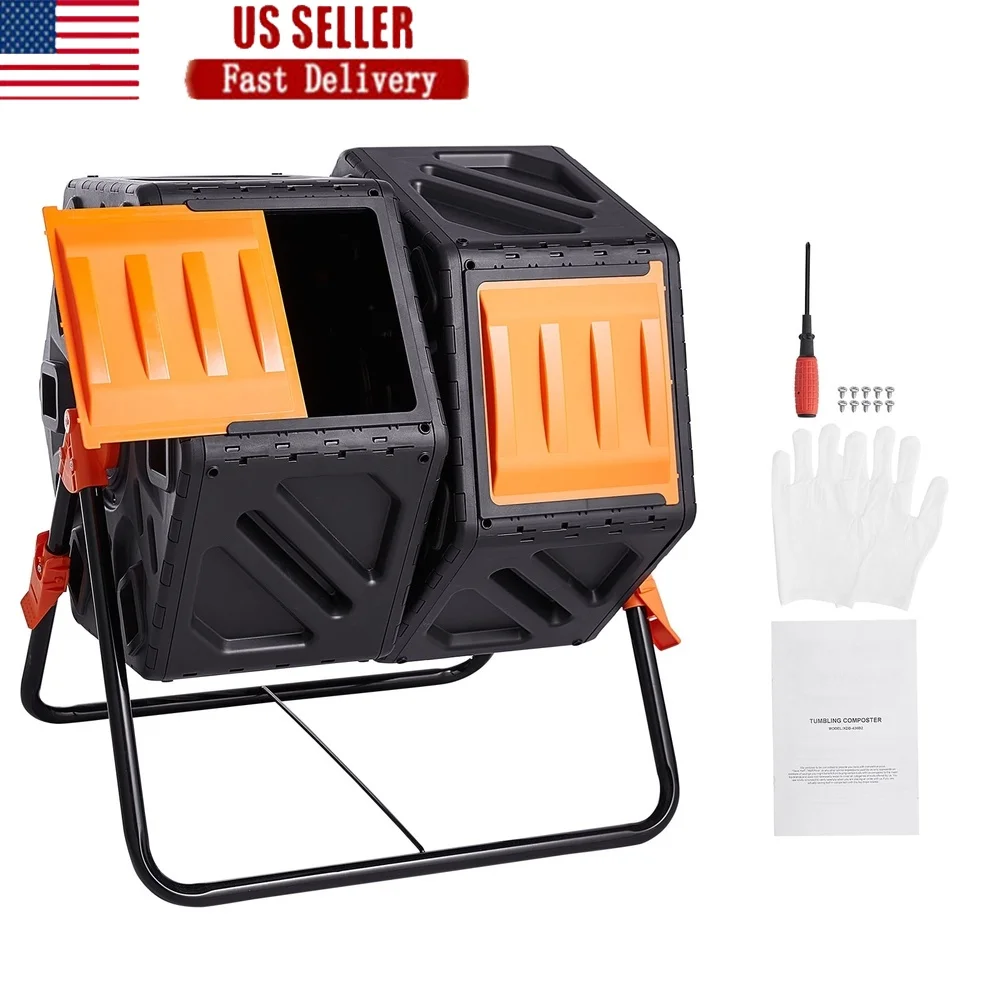 بهلوان سماد مزدوج الغرفة سعة 37 جالونًا، نظام دوار 360 درجة، إطار فولاذي خالٍ من مادة BPA، إعادة تدوير النفايات العضوية الفعالة